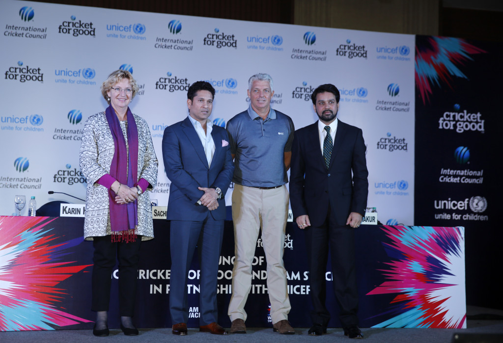 From left: Karin Hulshof, UNICEF Regional Director for South Asia, Sachin Tendulkar, UNICEF Goodwill Regional Ambassador for South Asia, Dave Richardson and ICC Chief Executive Anurag Thakur, BCCI Honorary Secretary at the launch of the Cricket for Good and Team Swachh campaign. Photo credit: UNICEF